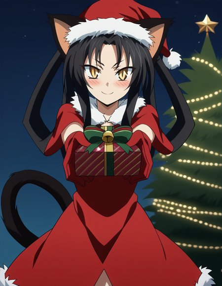 score_9, score_8_up, score_7_up, source_anime, <lora:dxd-kuroka-s3-ponyxl-lora-nochekaiser:1>, kuroka, long hair, black hair, animal ears, tail, cat ears, cat tail, multiple tails, hair rings, nekomata, yellow eyes, slit pupils, parted bangs, sidelocks, anime screencap,, <lora:santa-costume-ponyxl-lora-nochekaiser:1>, santa costume, santa hat, christmas, sack, merry christmas, gift, fur-trimmed headwear, holding sack, santa dress, fur-trimmed dress, christmas tree, christmas tree, fur trim, red capelet, gift box, red gloves, fur-trimmed capelet, santa gloves, red hat, hat,, smile, blush, looking at viewer, <lora:incoming-gift-ponyxl-lora-nochekaiser:1>, incoming gift, outstretched arms, holding, holding gift, gift, gift box,, , dutch angle, cowboy shot