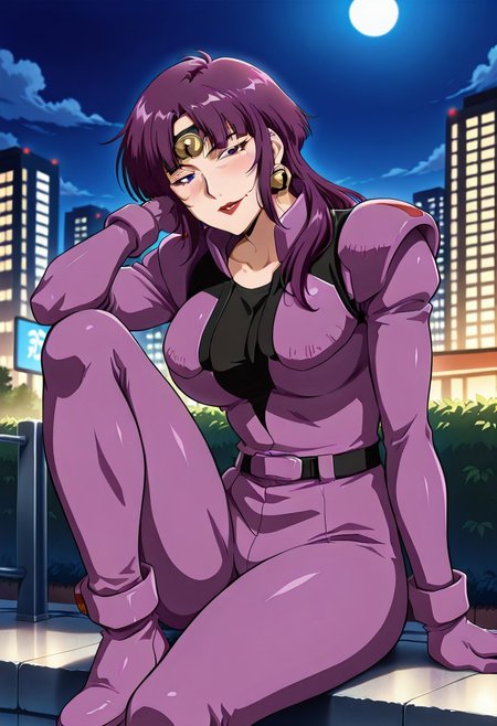 ((masterpiece, absurdres)), best quality, amazing quality, newest, 4k, anime coloring, very aesthetic, ray tracing, Smooth Quality, CG, source_anime,street view,city,night, moonlight,,Fuala, 1 mature female, long hair, purple hair, red lips, bell headband, bell earrings,purple pilotsuit,black t-shirt,waist accessory,pilotshoes with bell,sitting