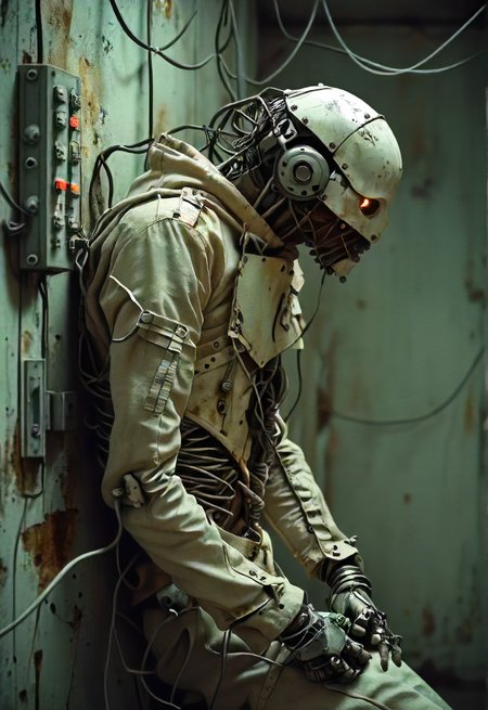 an asylum for straitjacket creatures, broken cyborg bound inside a machine strapped to a wall on cables, experimentation, sideways, night, eerie, atmospheric, unsettling, detailed, <lora:- SDXL - AI-Breaker_V3.5:0.9>,