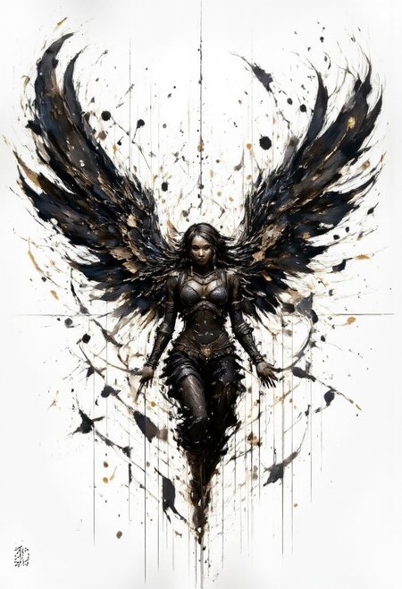 Create an intricate illustration of an angel with grand, flowing wings in the style of traditional ink art. Use splattered black ink for dynamic texture in the background, contrasting with a clean and flawless finish on the angel's form. Emphasize delicate, freehand brush strokes for a sense of movement in the wings, drawing from ancient ink techniques. Maintain meticulous detail throughout, with each wing feather carefully rendered, surrounded by expressive, organic splashes of ink that give a sense of both serenity and power. aidmaimageupgrader, aidmaMJ6.1m, detailmaximizer, mythp0rt,