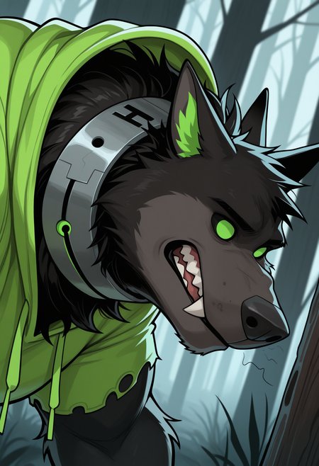 masterpiece,best quality,amazing quality, 1boy, solo, wu1f, colored sclera, no pupils, furry, torn green hoodie, metal collar, close up, side angle, woods,