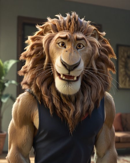 score_9, score_8_up, score_7_up, intricate details, rating_questionable,
<lora:homri52:1>
,
<lora:Mayor_Lionheart_Zootopia:0.8>, 1boy(Lionheart, furry male, solo, lion, brown fur, brown eyes, whiskers, lion tail, looking at the viewer, solo, happy, 
portrait, face focus, tank top), cozy living room,
4k,
detailed background, depth of field, 
<lora:ral-chrosc-clr:0.5>, ral-chrosc-clr,
<lora:Expressive_H:0.5>, Expressiveh,
<lora:xl_more_art-full_v1:0.3>,
<lora:add-detail-xl:0.3>,