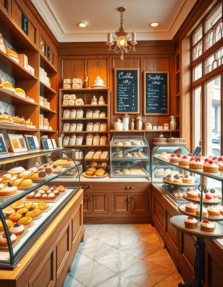 A beautifully designed, elegant pastry shop with a luxurious European-inspired aesthetic. The interior features intricate moldings, high ceilings, and large arched windows that allow natural daylight to stream in, casting a soft glow over the polished marble floors. The walls are adorned with pastel-colored wallpaper, delicate gold accents, and vintage-style framed paintings of pastries and tea sets.
The centerpiece of the shop is a long glass display case filled with an exquisite assortment of pastries, including colorful macarons, delicate éclairs, fruit tarts with glistening glaze, and elegantly decorated cakes with intricate sugar flowers. Behind the counter, shelves lined with neatly arranged boxes of artisanal chocolates, fine teas, and jars of homemade jam add to the refined atmosphere. Crystal chandeliers hang from the ceiling, casting a warm golden light that reflects off the glass surfaces.
Small round tables with marble tops and wrought iron chairs are arranged neatly throughout the space, each set with fine porcelain teacups and decorative napkins. A large antique-style clock hangs on the wall above a wooden shelving unit filled with fresh baguettes and croissants resting in woven baskets. The air is filled with the inviting scent of fresh-baked pastries, vanilla, and rich espresso.
In the background, a grand espresso machine with polished brass fittings sits atop a marble counter, next to a beautifully arranged tiered cake stand displaying freshly made confections. A large, arched doorway with a carved wooden frame leads to a cozy back room with additional seating and a vintage-style menu board showcasing the shop's specialties written in elegant calligraphy. The entire setting evokes a sense of refinement, charm, and indulgence, with a warm and welcoming ambiance.
<lora:SDXLFaeTastic2400:0.4> <lora:extremely_detailed:0.4> extremely detailed, <lora:elegant_p4stry_sh0p_illus:1>,elegant p4stry sh0p, Masterpiece,best quality,hi res,8k,hi res,8k,award winning,(sharp focus, intricate, highly detailed),