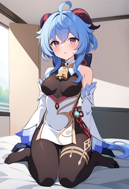 solo, ganyu \(genshin impact\), blue_hair, long_hair, detached_sleeves, bell, horns, gloves, bare_shoulders, bangs, gold_trim, purple_eyes, white_sleeves, ahoge, thighlet, black_gloves, neck_bell, medium_breasts, thighlet, black pantyhose, front view, cowboy shot, masterpiece, best quality, :o, looking aside, wariza, luxury hotel room, indoors, score_9, score_8_up, score_7_up,source_anime,