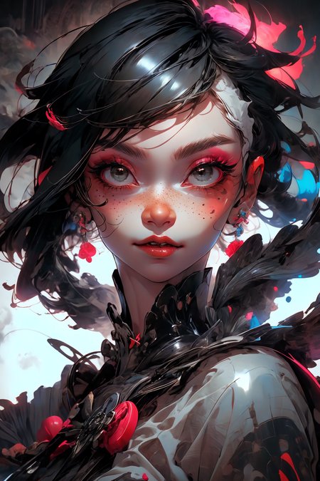 close-up shot, woman, gothic make-up, detailed skin, light freckles, shallow depth of field, OverallDetail
<lora:more_details:0.4>
 <lora:Cosmic anime-oil fusion v2:0.45> 
<lora:AnimeVibesV3:0.3> animevibes, 
<lora:3DMM_V11:0.5> 3DMM 
<lora:midjourney_20230624181825:0.7> midjourney ,
 <lora:LAS:0.5> cloud,colorful,
<lora:msw_locon-t2:0.6>
 <lora:wuxia2:0.6> gu,
 <lora:CyberpunkStyleV1:0.2> PunkAI ,
<lora:CatgirlMaidV1.0-000003:0.35> CatgirlMaid, shiny, shiny hair, shiny skin, shiny clothes
