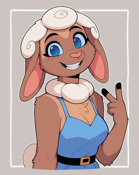 score_9_up, score_8_up, score_7_up, score_6_up, half-length portrait, furry female, female, furry, sheep, rabbit ears, animal ears, looking at viewer, solo, smile, happy, gesture, three-quarter view, head tilt, blue dress, blue eyes, bare shoulders, body fur, tail, simple background, white outline, <lora:Leah_Pines(AIM)_XL_v1:0.25> <lora:PDXL_artist_tags_v2_big:0.5> <lora:The-Minuscule-Task_PDXL_v1.0:0.6>  <lora:Melon_Shira_Hedgie:0.5>