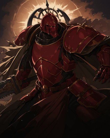 gothic architecture,  background, extremely detailed, absurdres, masterpiece, cel shading,
BREAK
Anime Illustration, full body, Space Marine, word bearers  legion, portrait, charging forward,  . He is holding a 40kchainsword up. He is wearing a dark_red  helmet, intricate dark_red   armor, steel-colored trimmings, cross detailing, tabard, torn cape, dark_red  gauntlets, black fur, dark_red  plate armor, dark_red  full armor, panoply,
<lora:Astartes:0.8>  <lora:Bad_Hands_lora:0.8>  <lora:Chainsword_-_Warhammer_40000_SDXL:0.4> <lora:add-detail-xl:1> <lora:sinfully_stylish_SDKL:1> <lora:Expressive_H:1>