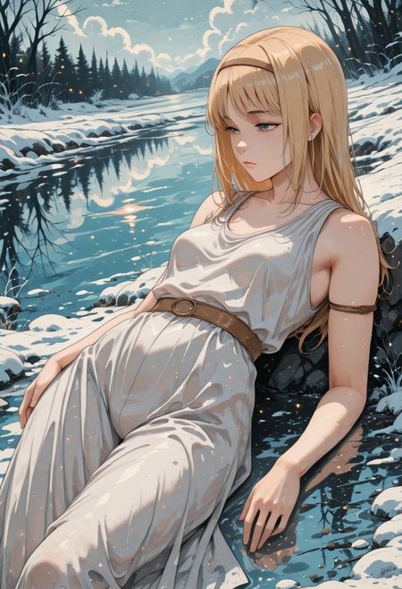 score_9, score_8_up, score_7_up,source_anime, high res image, masterpiece, best quality, masterpiece, newest, absurdres, best quality, hires, 
BREAK 1girl, solo, ymirfritz , blonde hair, bangs,blue eyes,mature female,brown hairband, expressionless,  small breasts
white dress,sleevless,armlet
dynamic pose, lying on her back, head to side
outdoors, frozen lake, on ice, reflecting ice, snowflakesday, cloudy
cinematic angle, detailed background, beautiful background, (rays light:1.0),(grow:1.0), light particles