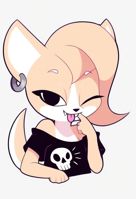 score_9, score_8_up, score_7_up, score_6_up, masterpiece, best quality, telegramstickerxl, cute, 2d, vector art, cartoon, (white outline:1.2), drop shadow, sticker, upper body, (chibi:0.4), 
BREAK
Maddy, 1girl, solo, animal ears, furry female, animal nose, body fur, two-tone fur, earrings, white fur, black eyes, flat chest, jewelry, blonde hair, hoop earrings, short hair, long eyelashes, (chest fluff:0.8), fangs, glossy eyes, 
BREAK
fashionable, black shirt with skull print, shirt off shoulder, detailed skull print, trick or treat theme,
BREAK
action, mouth pull, finger in own mouth, head tilt, blush, tongue out, evil smile, parted lips, one eye closed, looking at the viewer, focus on face, dynamic pose, 4k, 8k, Ultra HD, masterpiece, simple background.