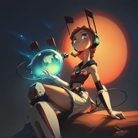 score_9, score_8_up, score_7_up, score_5_up, 28y old girl, pale skin, tall girl, long (((thick))) neck, long legs, (sitting), astronaut engineer, gradient brass to copper, heavy visor robot eye on one eye, two eyes, oversize long thick darkcopper skirt, ((engineer gloves)), taped long skirt above legs, heavy utility tools belts hanging, champion belt with huge buckle with many toolboxes, oversize hoodie on back, red thick rubber oversize hood on the back top, open helmet, covered ears, light plate space armor, heavy backpack, covered neck with radio, microphone from headset to mouth, thick black wires around, ((oversize)) thick glass bubble helmet transparent, mecha long winglike antennas above helmet, square oversize glasses, white rubber heavy sneakers, white long socks, translucent slime boy, (((black thick and long wire tail))),  beautiful eyes, (((detailed eyes, detailed face))), (smug), (((long)) (tape) (striped) hairstyle with this single ((large)) (((very long))) taaped braid, soft shading, 8k, masterpiece, face and waist close-up shot, dark space background,