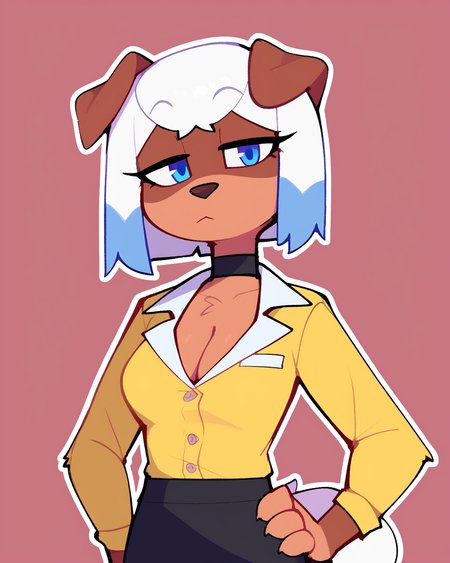 score_9_up, score_8_up, score_7_up, score_6_up, by remanedur, half-length portrait, white hair, short hair, multicolored hair, medium breasts, furry female, blue eyes, female, furry, dog, floppy ears,  looking at viewer, yellow dress shirt, cleavage, black choker, black skirt, black boots, white tail, brown body, solo, pantyhose, hand on hip, office lady, office clothing, neutral expression, three-quarter view, head tilt, simple background, white outline, <lora:Leah_Pines(AIM)_XL_v1:0.15> <lora:PDXL_artist_tags_v2_big:0.5> <lora:The-Minuscule-Task_PDXL_v1.0:0.6>   <lora:Peppy_BearArms6:0.55>