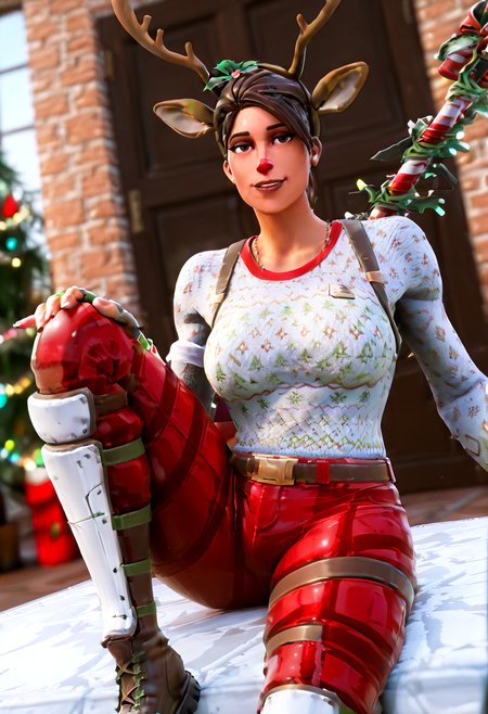 IllustriousQual <lora:StS-Illustrious-Detail-Slider-v1.0:2> <lora:cfg_scale_boost:0.3> detailed_background, weapon shop  <lora:Red-Nosed_Raider_IL_-_v1:1> RedNosedRaiderIL, brown hair, brown eyes, antlers, reindeer ears, reindeer-themed, holiday outfit, headband, mistletoe, brown gloves, fingerless gloves, combat boots, white sweater, red pants, christmas sweater, patchwork pants, brown boots, belt, shin guards, Sitting with one leg folded, dutch angle, admiration