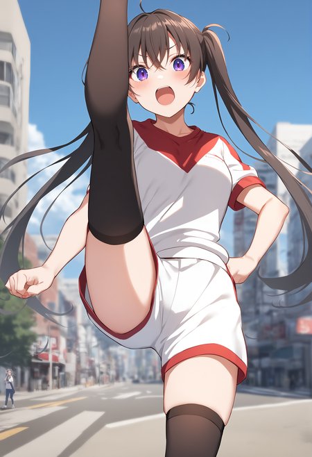 1girl,sincos, ningen mame, toosaka asagi,solo,medium breasts,gym uniform,pants,
axe kick, kicking, standing on one leg, leg up, high kick, standing split,<lora:axekick_XL_v1:0.8>
from side, panorama shot, looking at viewer, gray hair, purple eyes,dark persona, Toronto city, open mouth, quad tails hair,,
best quality, very aesthetic, absurdres