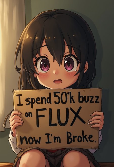 A poignant image of a woman sitting alone, with tears streaming down her face. She has large, cute anime-style eyes that amplify the emotion, making her appear even more vulnerable and expressive. Her makeup is smudged from crying, and she looks heartbroken.
Instead of holding a heart, she clutches a cardboard sign with self-written bold letters that say, "I spend 50k buzz on FLUX, now I'm broke." The sign looks hastily made, with jagged edges and uneven lettering, adding to the rawness of the scene.
The background is softly blurred, with a warm, golden light filtering through, contrasting the sadness in the foreground. The overall mood is a mix of melancholy and tenderness, with the woman’s oversized anime eyes capturing the viewer’s sympathy and attention. The image is powerful, conveying a deep sense of regret and sorrow in a visually striking and emotionally resonant way.