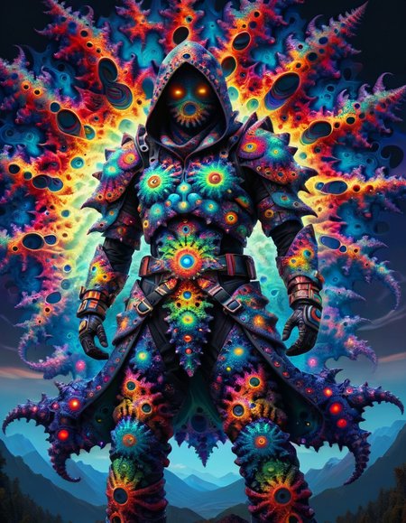 portrait, solo, (full body:0.6), looking up, detailed background, detailed face, warp, scifi, excessive energy, ulblackholetech theme:1.1), dark shadow-assassin, hidden truth, corruptor outfit, hood, colorful armour, ral-mndlbrt belt, dark ral-mndlbrt intent, creeping shadows, dynamic pose, specters in background, starry night sky, wind blowing, eerie calm, ominous atmosphere <lora:ral-mndlbrt:1> ral-mndlbrt