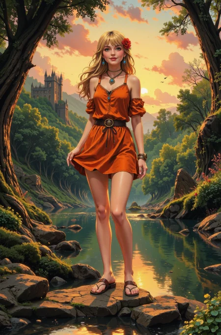 prom hairstyle dark blonde hair young woman, druid, anime, illustration, extremely detailed, portrait, standing, happy smile, flower in hair, glossy lipstick, celtic necklace, chandelier earrings, loincloth, sandals,  Tiger Orange druid short dress, legs, sharp focus, fantasy, celtic landscape, small rock, moss, ripples, reflections, celtic  castle, small river pond, druid forest, druid village, stunning nature environment, enchanted land, clovers, Bright Oxford Brown flowers, best quality, colorful, wet floor, bright sunny sky, sunset, raytracing, hdr, high contrast, ethereal natural lights, backlight, lens flare, shadows, vibrant colors, colorful, pretty, beautiful, happy, smiling, feminine, sexy, lovely, in love, adorable, fashion,  <lora:Hand v2:1> <lora:Anti-Blur:1><lora:Insane Detail Slider:0.5>  <lora:flux.1_lora_flyway_Epic-detail_v2:0.3><lora:fluxenhancer:0.5> <lora:RetroAnimeFluxV1:0.4> <lora:Luminous_Shadowscape:0.4> <lora:SujatmikoArafuru_Flux:0.2> Suzume style