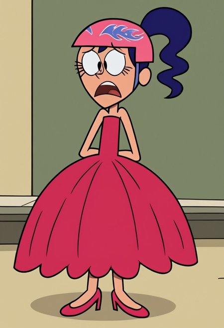 ponytail, blue hair, helmet, parody, pink, dress, red, sleeveless back gown, hoopdress, Ba11g0wn, full body, poofy dress