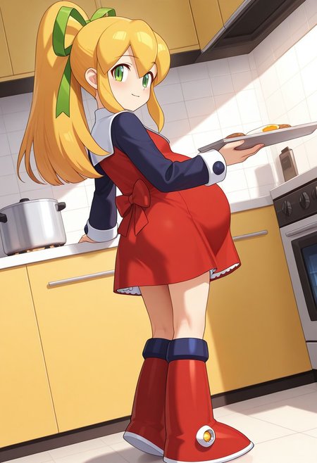 newest, masterpiece, best quality, 4k,
kitchen, very aesthetic, detailed background, full body,
1girl, solo,    <lora:Roll - Megaman:1> r0ll, roll (mega man),long hair, blonde hair, hair ribbon, ponytail, sidelocks, green eyes, red dress, knee boots, long sleeves, kitchen, holding a tray with some breakfast, from behind, looking back, looking at viewer, light smile, light blush, morning, dutch_angle, in front of the stove/oven, pregnant, pregao,