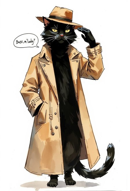 Watercolor painting of a black haired cat wearing a trenchcoat and tipping his fedora. Speech bubble "Buzz m'lady?"