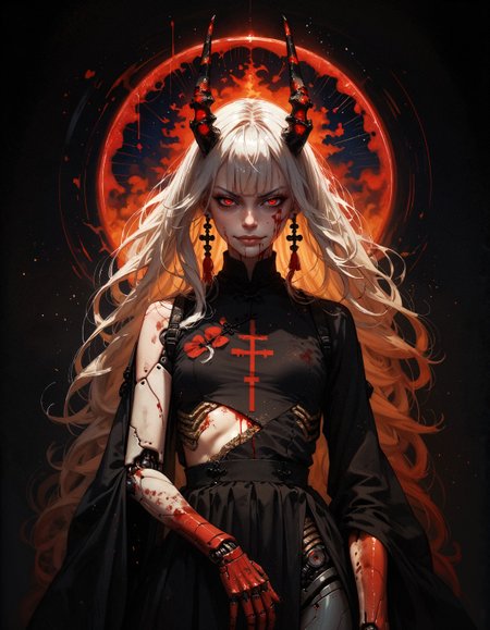 score_9, score_8_up, score_7_up, score_6_up, score_5_up, score_4_up,  (kanji, chinese characters:1.2), demon, cyberdemon, black horns, black scales, fiery glow, embedding:zPDXL, 1girl, (evil smirk:1.2), solo, small breasts, very long hair, bangs, simple background, white hair, red eyes, black cloth, bloody eyes, closed mouth, weapon, black, evil, horror, (blood:1.1), blunt bangs, medium hair, floating hair, black background, science fiction, android, cable, mechanical, cyborg, robot joints, mechanical parts, tube, spine