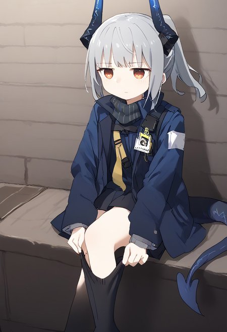 score_9, score_8_up, score_7_up, 1girl, solo, 
liskarm, tail, horns, grey hair, ponytail, bangs, sidelocks, blue jacket, skirt, black shirt, thighhighs, scarf, id card, easynegative dressing socks, adjusting legwear