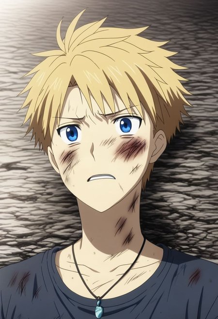 high resolution, solo, best quality, 1Boy, Yamato Ishida, Blond Hair, Blue Eyes, Necklace, fell down, kidnap, conquered, dying, battered, bruised, OverallDetail