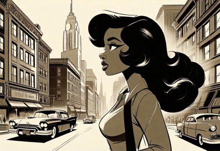 a woman downtown   <lora:BW_Vintage_Cartoon:1.0>
