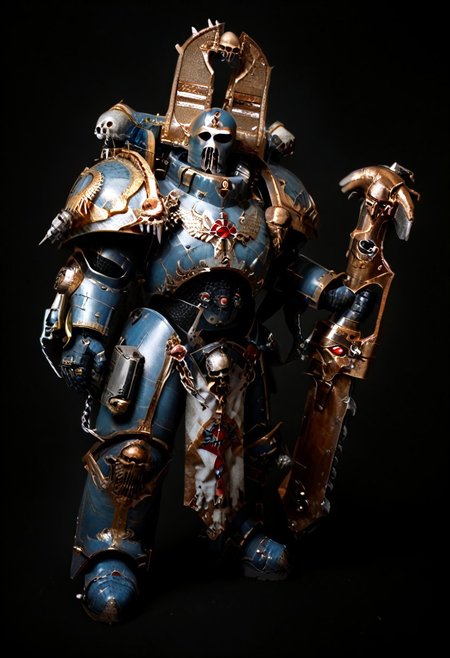 Score_9_up, absurdres, Source: GamesWorkshop, best quality, expressive eyes, perfect face, space marine, Thousand Sons Traitor Astartes Chapter sorceror holding a chainsword, astartes helmet, full body, volumetric lighting project unreal engine, mantisdetailerse, adddetails, GreyK40k, <lora:PeopleCountSliderLoRAv1:2.0>, <lora:warhammerAdeptus_v1:0.7>,