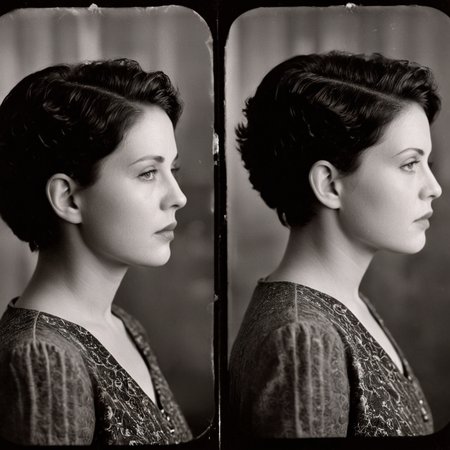 cinematic film still of <lora:add-detail-xl:0.1>1
<lora:detailed:0.2>
<lora:perfection style:0.2>
<lora:eyetune:0.5>
<lora:xl_more_art-full_v1:0.3>
<lora:Ron Fricke style:0.3>
<lora:Unreal Engine style:0.2>
<lora:TeethXL:1>
<lora:Chiaroscuro Lighting Style:0.3>
 <lora:american bandits style:0.9>
 <lora:1930's style:0.3>
In the 1930's two mug shots of a woman with a haircut,black hair,1boy,closed mouth,monochrome,greyscale,male focus,english text,profile,multiple views,traditional media,messy hair,portrait,curly hair,realistic , crime movie themed, sharp, detailed, epic cinematic photography, artistic, dramatic light, cinematic color style, Kodak film style, american bandits style, shallow depth of field, vignette, highly detailed, high budget, bokeh, cinemascope, moody, epic, gorgeous, film grain, grainy
