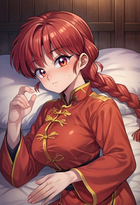 (zPDXL3), 
(zPDXLxxx), 
1girl, 
solo, 
ranma saotome, braid, red hair, single braid, braided ponytail, red eyes, medium breasts, 
pants, chinese clothes, tangzhuang, red clothes, 
lying,
on back,
on side,
bust up, 
looking at viewer,