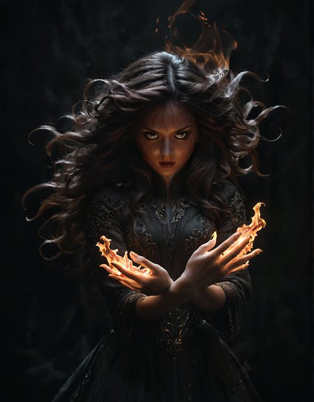 Woman with glowing flames in hands, CGI style, action pose, intricate details, traditional hand-drawn animation elements, dark atmospheric background, dynamic and dramatic motion, flowing hair, detailed costume, cinematic effect, high contrast, realistic lighting
 <lora:SDXLHighDetail_v5:1> <lora:zavy-cntrst-sdxl:1> dark, chiaroscuro, low-key