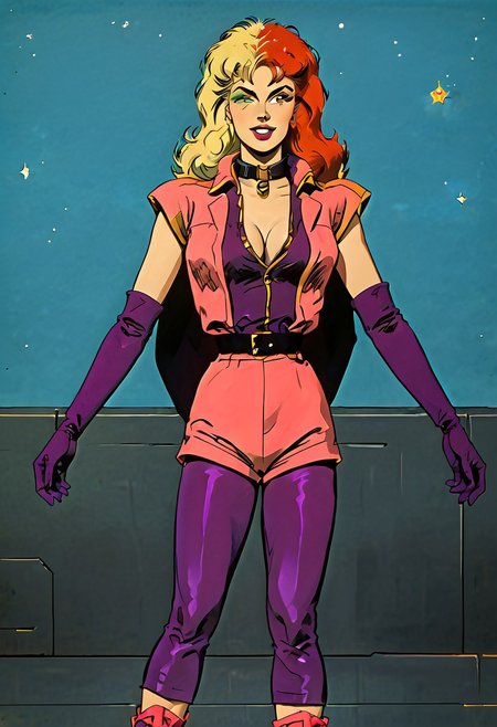 solo, looking at viewer, looking at me, manic laugh, spaceship interior, stars, cosmos, decarloxl, retro colors, 60s, G0080T, 1girl, CharaSoonS1, grabbing collar, red hair, blonde hair, long hair, multicolored hair, lipstick, blue lips, purple eyes, green eyeshadow, pink jacket, cleavage, breasts, purple gloves, elbow gloves, black belt, cape, pink shorts, purple pants, purple socks, pink high heels, winking, standing,