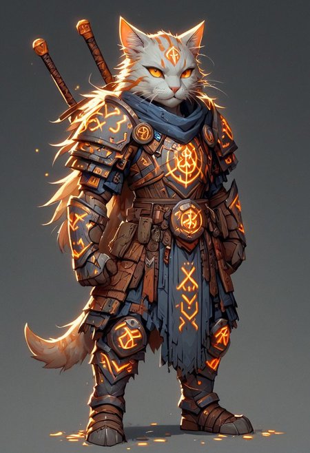 Full body, cat samurai, light grey cat armour, claws, sickly gray, torn clothes, small faint white orange glowing runes, blue eyes, big cat tail, holding katana sword, fireflies