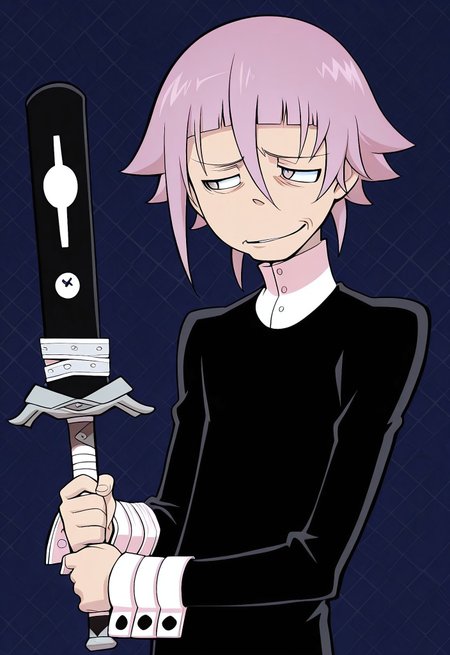 lazympos,souleaterstyle,male focus,solo,1boy,crona,Ragnarok \(demon sword\),costanza face,skeptical expression,smirk,narrowed eyes,holding object