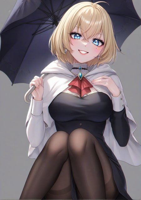1girl, alice margatroid, furry female, arm support, black dress, black pantyhose, black umbrella, blonde hair, blue eyes, breasts, brooch, capelet, character name, contemporary, dress, earrings, feet out of frame, grey background, grin, head tilt, holding, holding umbrella, jewelry, knees up, long sleeves, looking at viewer, medium breasts, mole, mole under eye, pantyhose, parted lips, red lips, short hair, sitting, smile, solo, umbrella, white capelet,zPDXL3  <lora:yayoimakaãããã¾ã:1>