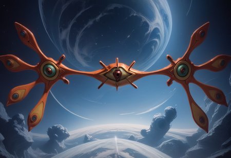 score_9, score_8_up, score_7_up, rating_safe, 
concept art, realistic, dark theme, low light,
sahaquiel \(evangelion\), no human, alien, spread arms, floating, center eye, space