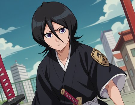 score_9, score_8_up, score_7_up, source_anime,
rukiakuchiki, <lora:rukia-kuchiki-ponyxl-lora-nochekaiser:1>,
rukia kuchiki, black hair, hair between eyes, purple eyes, short hair,
weapon, japanese clothes, sword, kimono, katana, sheath, hakama, black kimono, long sleeves, wide sleeves,
outdoors, cityscape, bent over,
looking at viewer, dutch angle, cowboy shot,