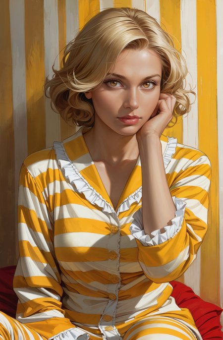 score_9, score_8_up, score_7_up, score_6_up, content_explicit, source_anime, high quality, high contrast, realistic,
1woman, striped background, abstract background, blue and yellow background, volumetric lighting, 70s,
BREAK
BREAK
1 woman, (silk pajamas (sheer:1.3)), fluffy sleeves, bored, blonde short hair, sexy pose, seductive, hand in hair, ruffle hair,
 <lora:incase---1:0.3>