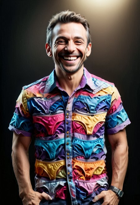 award winning,   a man wearing a colorful shirt P4NT13S, smiling,  enhanced textures, creative, beautiful, vibrant, masterpiece, 8k, Ultra HD, amazing details, amazing quality, amazing artist, sharp edges, detailed textures, full view, atmospheric lighting, amazing visuals