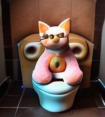 d0nu71f13d, a anime style image of a cat made of doughnuts, sitting on a toilet made of doughnuts, cinematic lighting, absurdres, donuts, vibrant colours, cat, toilet, flat colours, anime style,