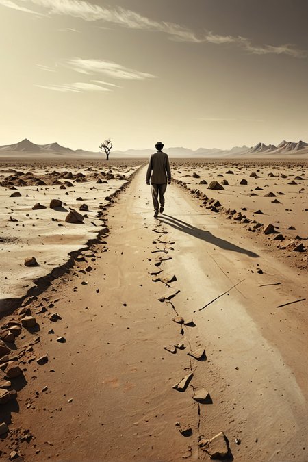 (absurd caricature), A solitary figure, wandering through a desolate landscape.