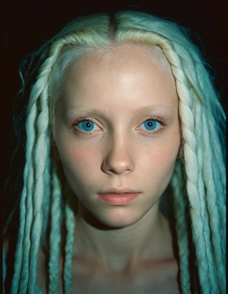 35mm film sample image, close up portrait of a 21 years old slim albino girl, sharp jawline, long white dreadlocks, blue eyes, pale skin, serious badass look, Dramatic lighting, Grainy, Lomography, lomoChrome, Analog Film, Kodak Ektar 100, Cinematic composition, Rule of thirds