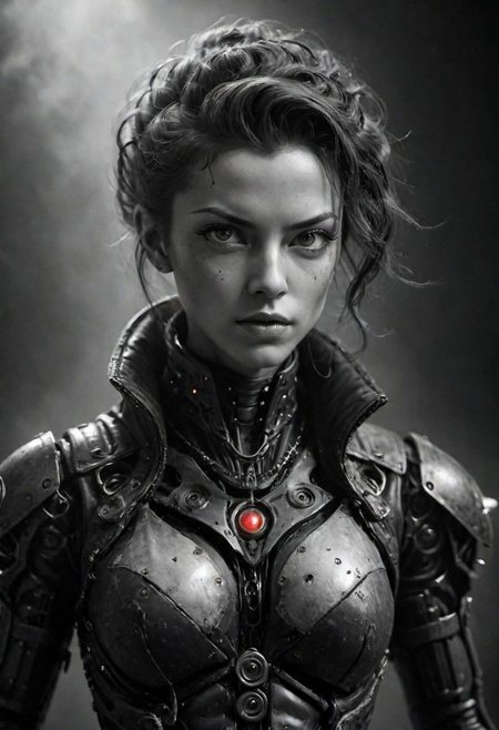 super closeup portrait, Amidst the smoky haze of the 1940s noir, Sin City style closeup, monochrome with red highlights, action pose, fists up, dynamic scene, Capture the intense science fiction spirit of a 1940s Female steampunk boxer looking like white skinned spike spiegel from cowboy bebeop equipped with advanced used looking exoskeleton technology, standing confidently in the ring with an eager gaze towards the camera.
very detailed, raw photo, photorealistic