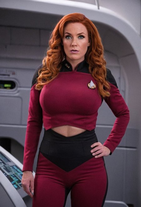 portrait photo of, a ((ultra detailed), (((Masterpiece))), (((realistic)), Sexy  Scottish woman, 30 year old MILF, Red Hair, freckles, curvy body, green eyes, long hair, ((huge boobs)), red wavy hair,   BREAK, Standing aboard a Star Trek Vessel's bridge,wearing a red Starfleet uniform, on the Enterprise,   BREAK, ashley_rogers_model, huge ass, huge breasts, big ass, big breasts, huge hips, narrow waist, b1mb0, bimbo, woman,