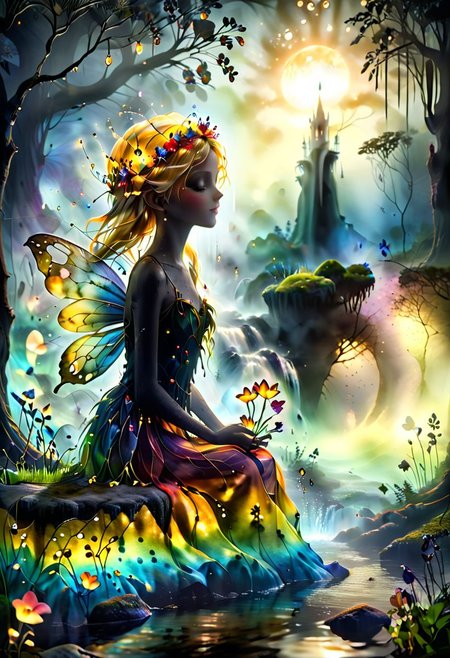A vibrant and enchanting close up head shot photo of a silhouette of a cute and happy young fairy girl with freckles and flowing blonde hair and a flower crown with transparent crystal sparkling wings, sitting on a foggy riverbank by a waterfall in a dark eerie misty magical forest on the summer solstice. shallow depth of field, realistic, skin pores, imperfections. She is looking at friendly bioluminescent fairies, fireflies and woodland creatures, with the sun setting in the background, casting a golden glow over the scene. The lush greenery and colorful white flowers make the image lively and captivating, perfect for celebrating a summer birthday. Extremely detailed, intricate, whimsical, magical, mysterious, mesmerising, alcohol inks, reflections