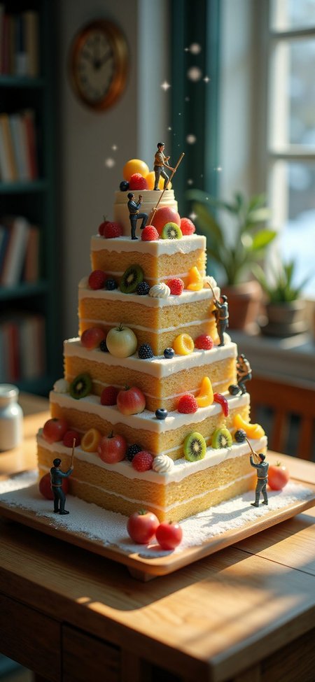 (indoors,indoor,isometric view,side view,tilt-shift lens:2), (fna_style,miniature,miniature,diorama,miniature,diorama,PVC,plastic:2),starry night,winter giant (randomly multi stack up,multi layer of cream with fruits cake cubic vertical:2.5)  is located center, people are climbing with ropes, (in wooden square plate:3) (on table at study:3) <lora:Fantasy_Novel_Art_Style:1> <lora:Rostpunk:0.3>