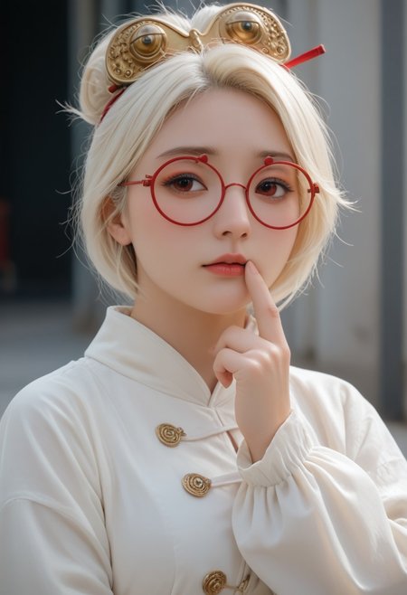 purah, white hair, red-framed eyewear, hair ornament ponytail, red eyes, red headband, red glasses, sleeveless shirt, white coat, black skirt, gloves, cute, standing on a street,  shy, looking away, embarrassed, shy expression, shy body language, hand on arm, massive breasts, huge breasts, submissive, hand on face, pinky finger in mouth, perfect hands,
close-up, wide angle, Expressiveh, side view,
realistic, highly detailed, detailed eyes, beautiful eyes, very detailed face, best quality, ultra realistic image, hyperrealistic, extremely detailed, masterpiece, natural skin texture,
partially covered in shadow, dramatic lighting, atmospheric light, professional lighting, professional photography, rim lighting, vivid colors, skin texture style, detailed skin pore, detailed skin, realistic skin, midjourneyv6.1
score_9, score_8_up, score_7_up, score_6_up, score_5_up, score_4_up