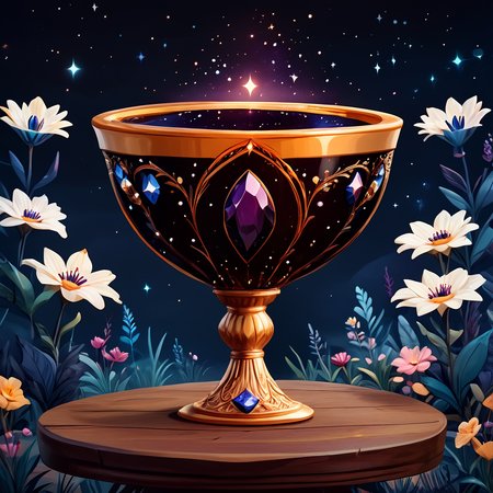Score_9, score_8_up, score_7_up, score_6_up, BREAK  <lora:Flat_Cartoon_IllustrationPony:1> ArsMJStyle, Flat Cartoon Illustration, The image shows a golden chalice with flowers in it sitting on a table surrounded by plants and stars in the night sky., no humans, flower, star (sky), night, sky, white flower, outdoors, starry sky, grass, gem