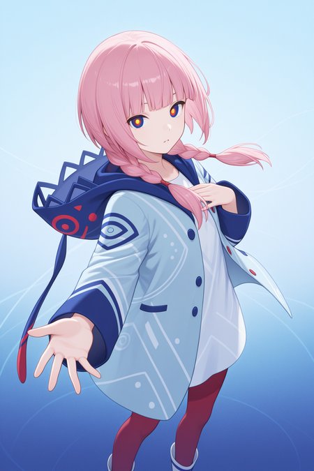 masterpiece, best quality, amazing quality, 

kaf \(kamitsubaki studio\), kamitsubaki studio, 1girl, multicolored eyes, blue eyes, red eyes, yellow eyes, pink hair, long hair, blunt bangs, sidelocks, low twin braids, white shirt, oversized shirt, blue jacket, hooded jacket, hood down, long sleeves, red pantyhose, white footwear, boots, 

1girl, looking at viewer, parted lips, feet out of frame, floating hair, blue background, expressionless, outstretched arm, hand on own chest, multicolored background