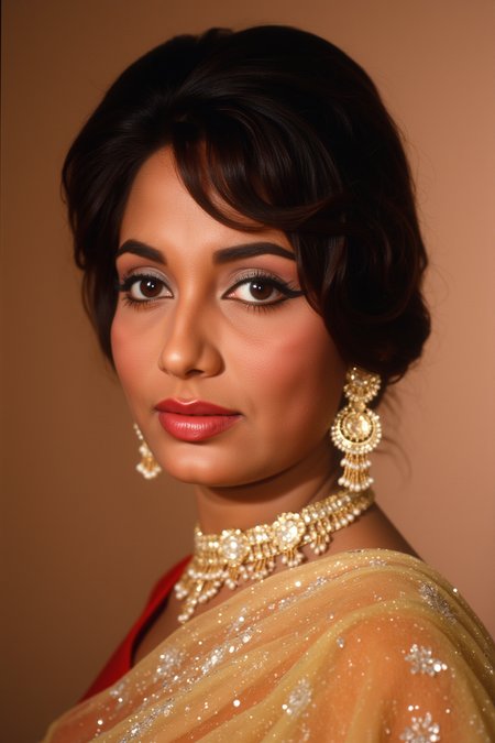 close-up portrait of Indian actress S4dh4n4, inspired by a 1970s Bollywood magazine photoshoot, bold eye makeup, side-swept voluminous hair, wearing a glittery chiffon sari with golden jewelry, dreamy soft focus, retro studio backdrop, vintage warm tones, graceful expression
 <lora:s4dh4n4_Sadhana_Flux_Kohya_V1b_500Steps:1.0> <lora:aidmaRealisticSkin-FLUX-v0.1:0.4000000000000001>